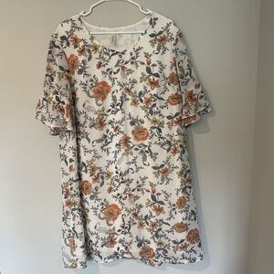 Tacera White Floral‎ Shift Dress Short Sleeve Lined Flutter Sleeve Size 1X Boho